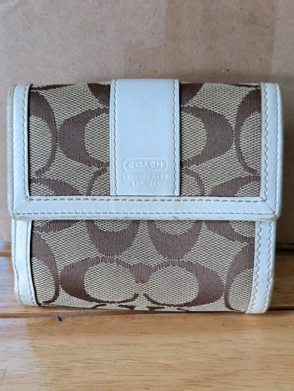 Coach Brown and Cream Signature Canvas Tri-Fold Wallet